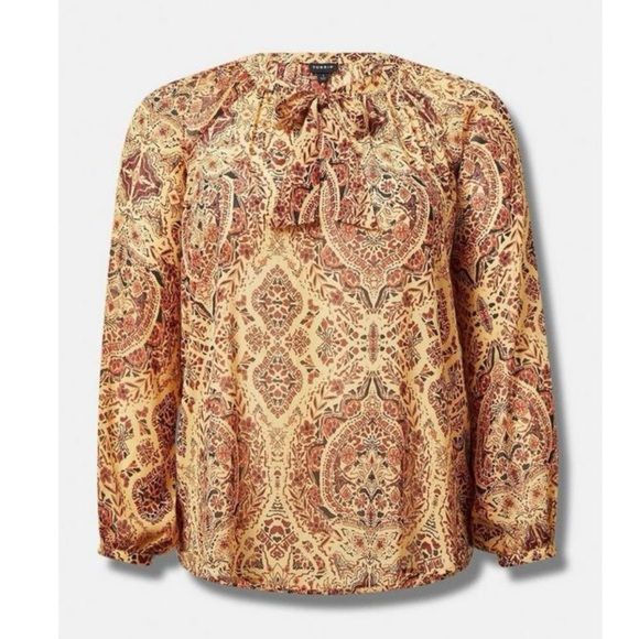 Torrid Gold Medallion Crinkle Chiffon Tie Front Long Sleeve Blouse Size 1X - Picture 5 of 12
